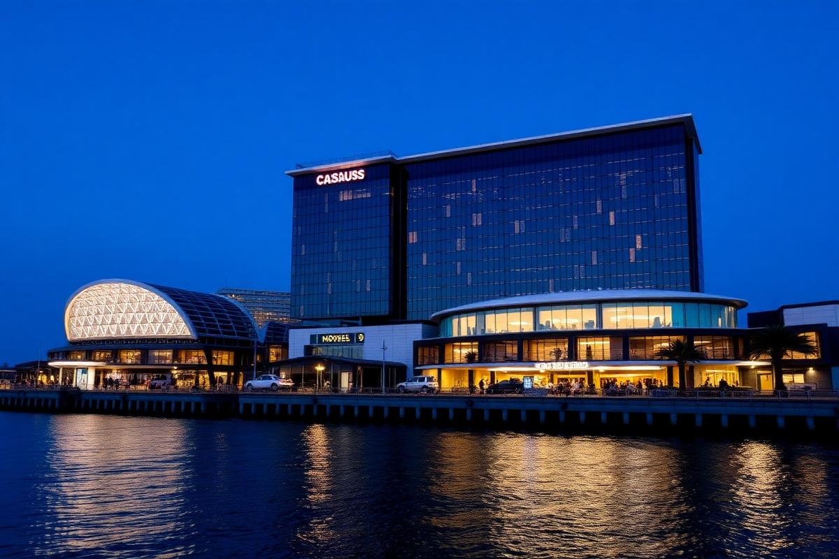 Waterfront Australian casino resort and hotel exterior at blue hour