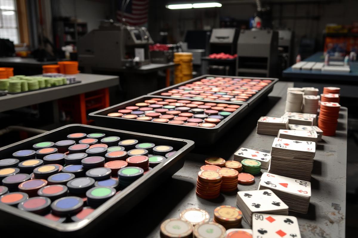 Trays of casino chips and card decks being inspected at a production bench