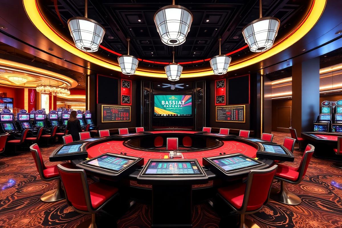 Electronic table game terminals arranged around a stadium baccarat installation
