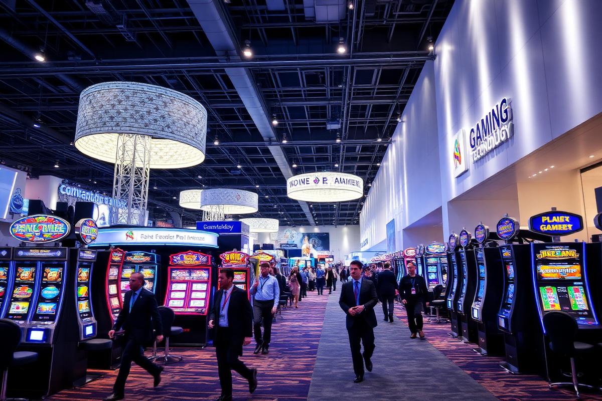 Manufacturer stands presenting gaming cabinets at an industry exhibition hall