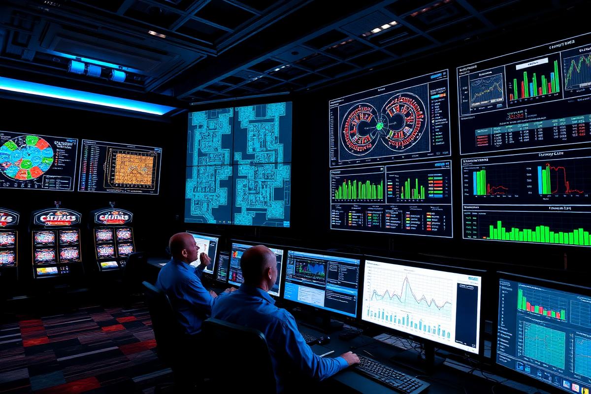 Casino floor management office with performance dashboards and floor maps