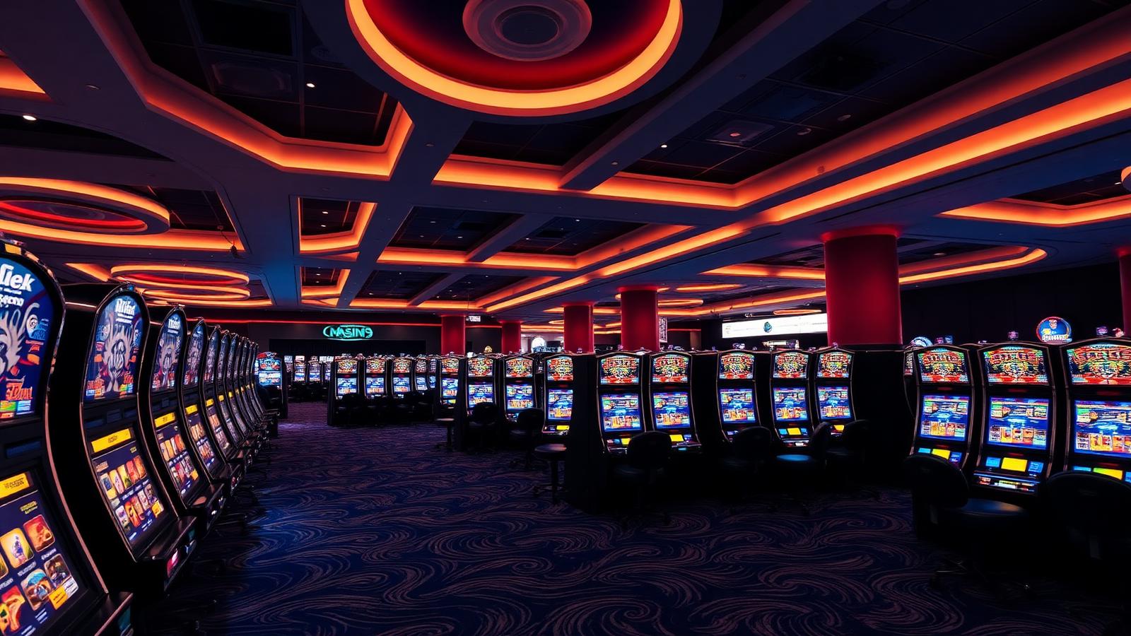 Rows of new slot cabinets on a modern casino gaming floor at dusk