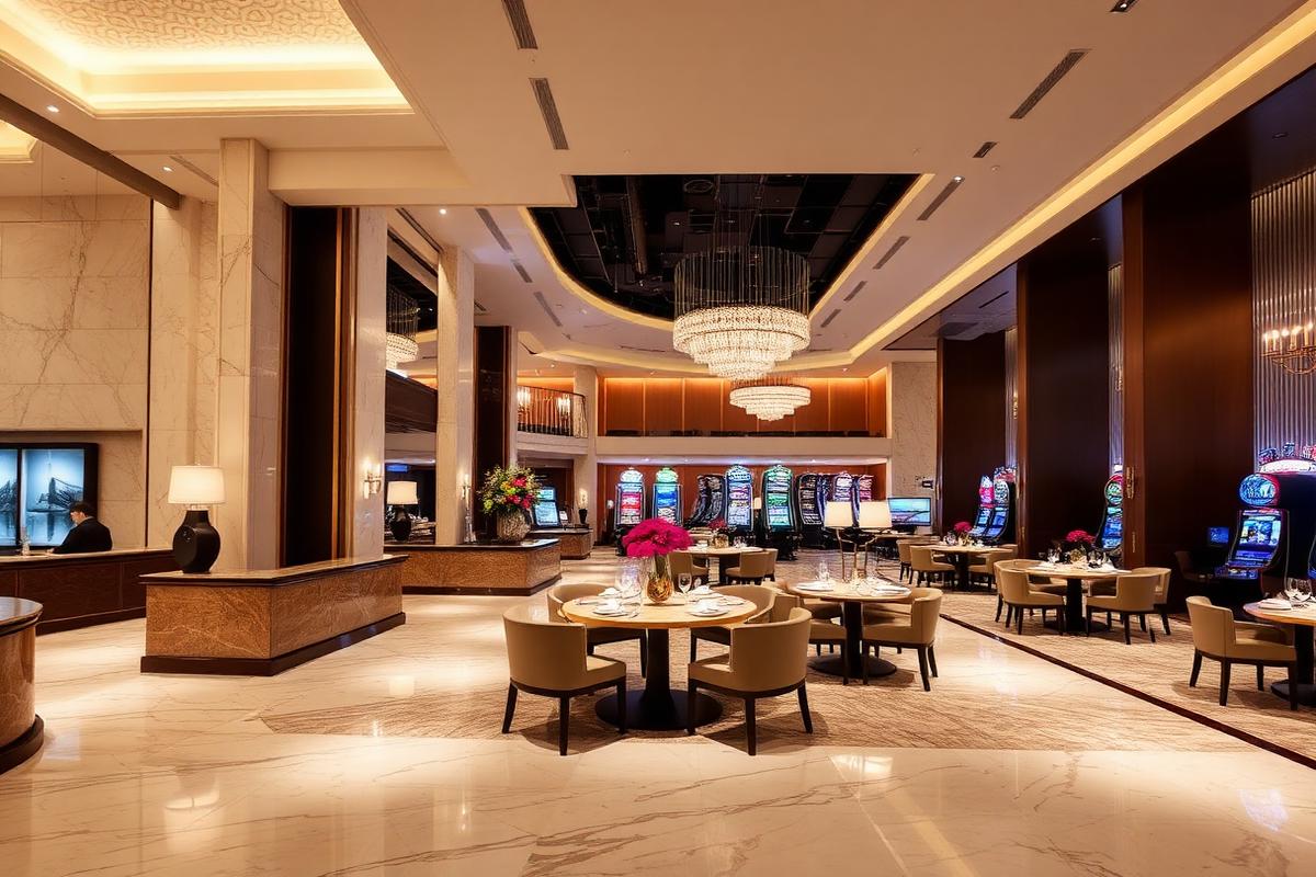 Integrated resort lobby and dining area adjoining a gaming venue
