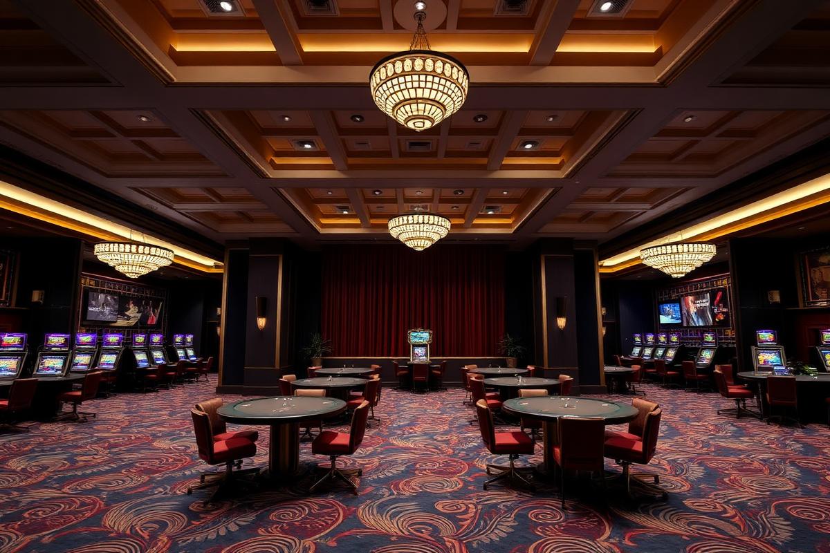 Premium casino gaming salon interior with custom lighting and patterned carpet