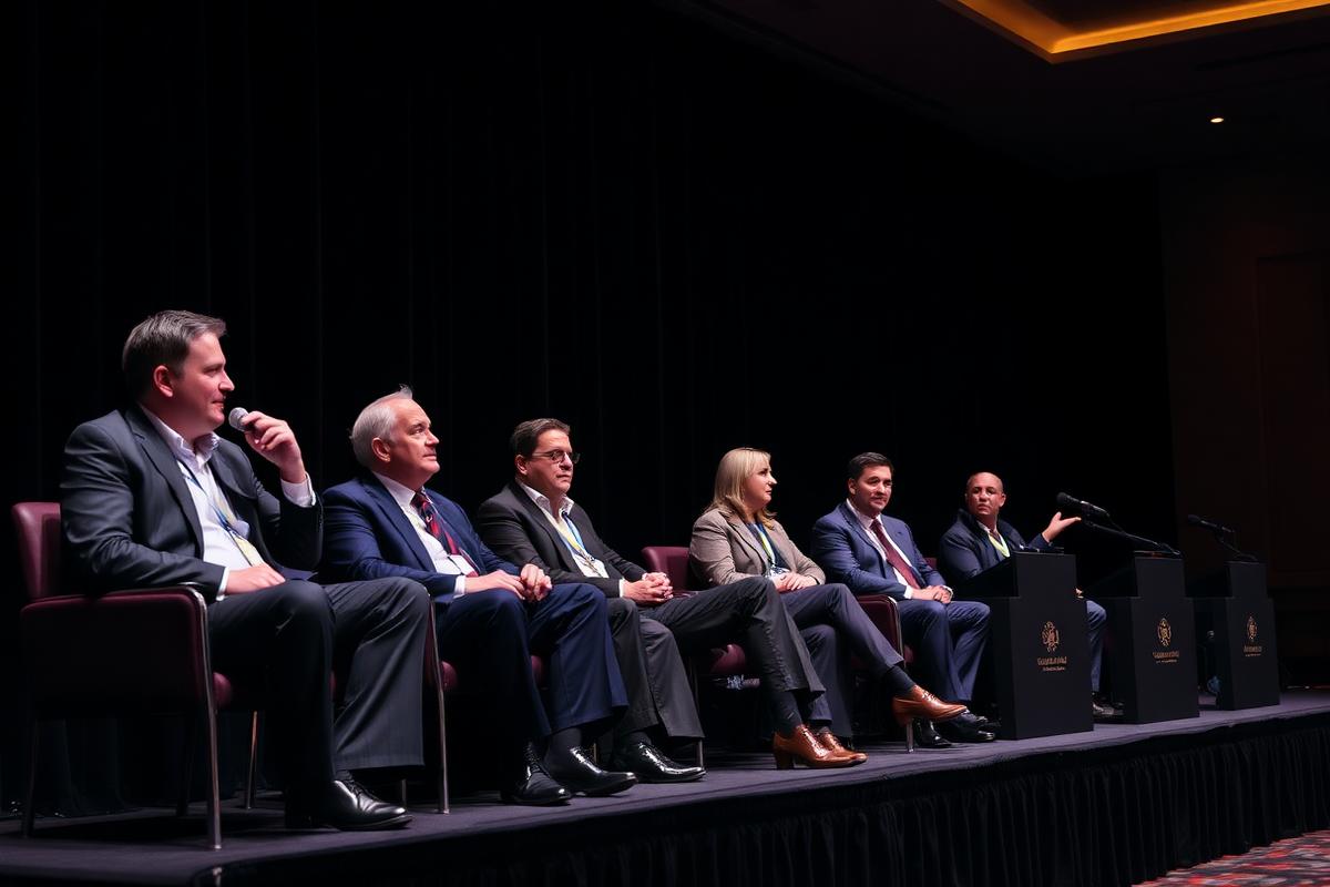 Casino industry executives speaking on a conference panel stage
