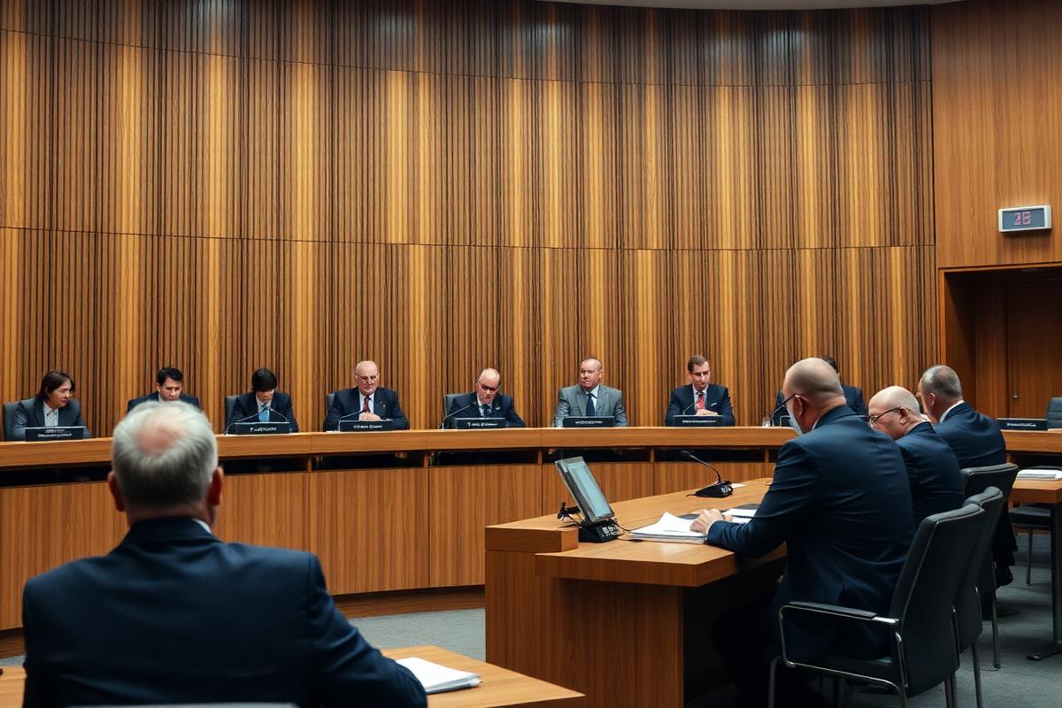 Officials seated at a regulatory hearing bench in a wood-panelled chamber