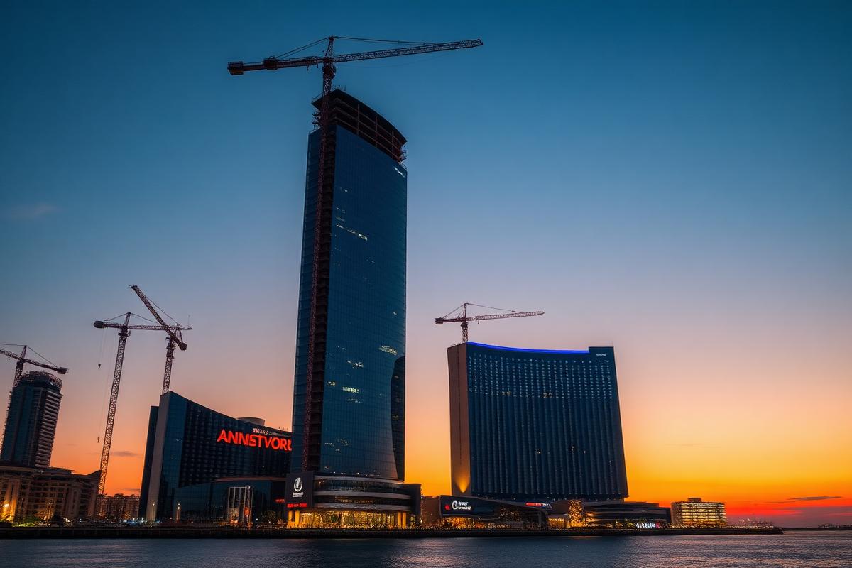 Integrated casino resort tower under construction beside a waterfront at dusk